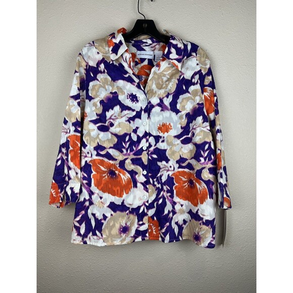NWT Alfred Dunner Women Sz 14 Button Down Shirt Abstract Floral Print Top - Picture 1 of 13